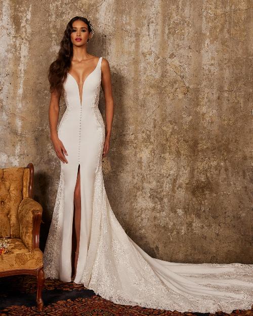 122238 crepe and lace wedding dress with a slit and open back1